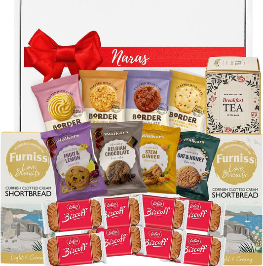 Front view of a beautifully presented English tea gift set, featuring premium breakfast tea, shortbread, assorted biscuits, Lotus Biscoff, and a tea poem. This elegant hamper is an ideal gift for various occasions, carefully packaged in a sturdy box by Naras to delight your special recipient.
